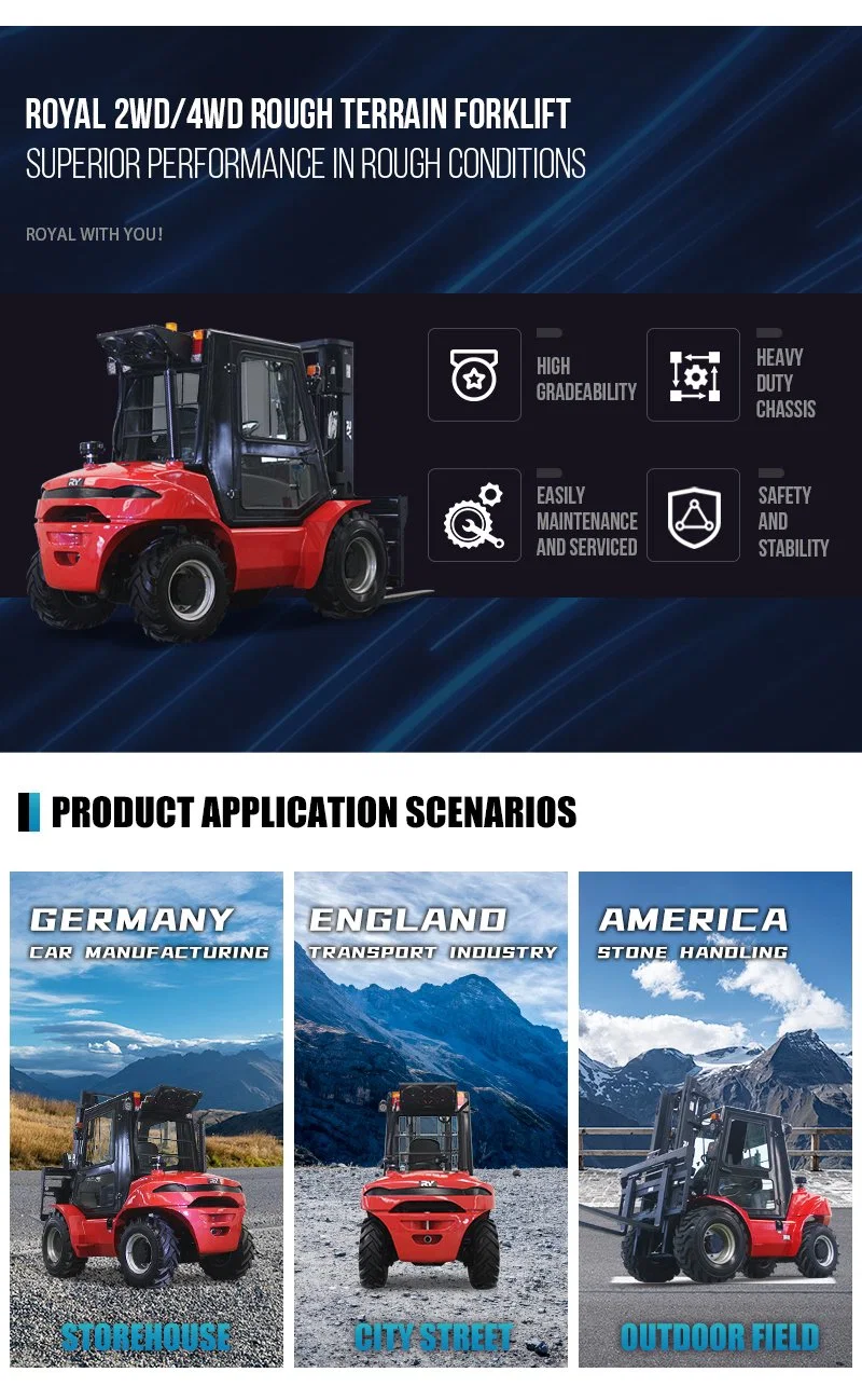 Royal Own Design 2WD 4WD CE ISO off Road Diesel Montacargas Rough Terrain Forklift Trucks with Japanese Engine